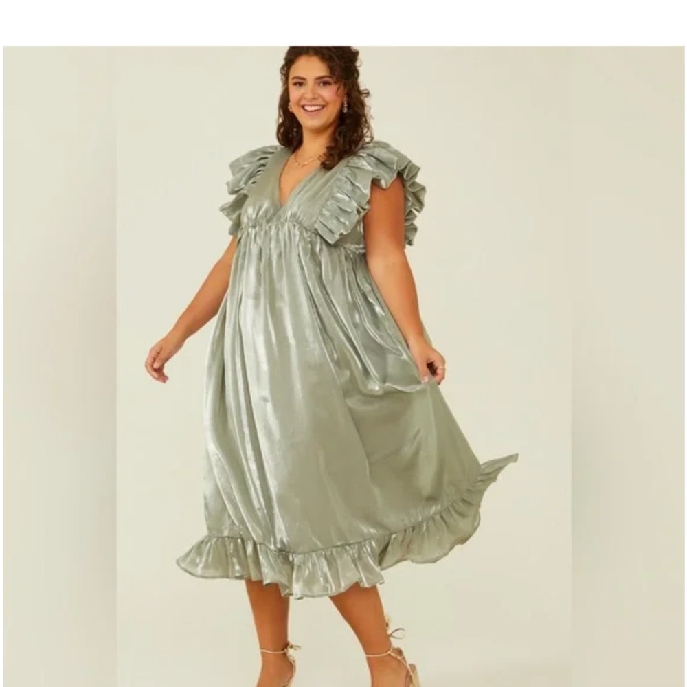ARULA Shimmering Silver/ Green Midi Dress
